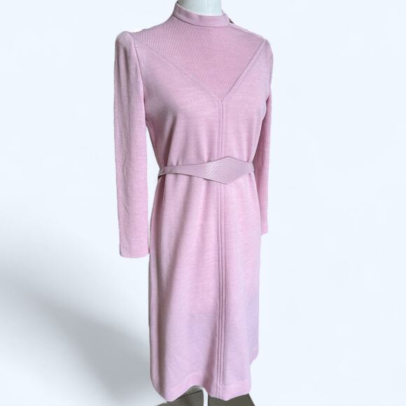 Vintage Leslie Fay 70s 80s Mauve Purple Belted Sheath Wool? Midi Dress size 12 P - Picture 2 of 11